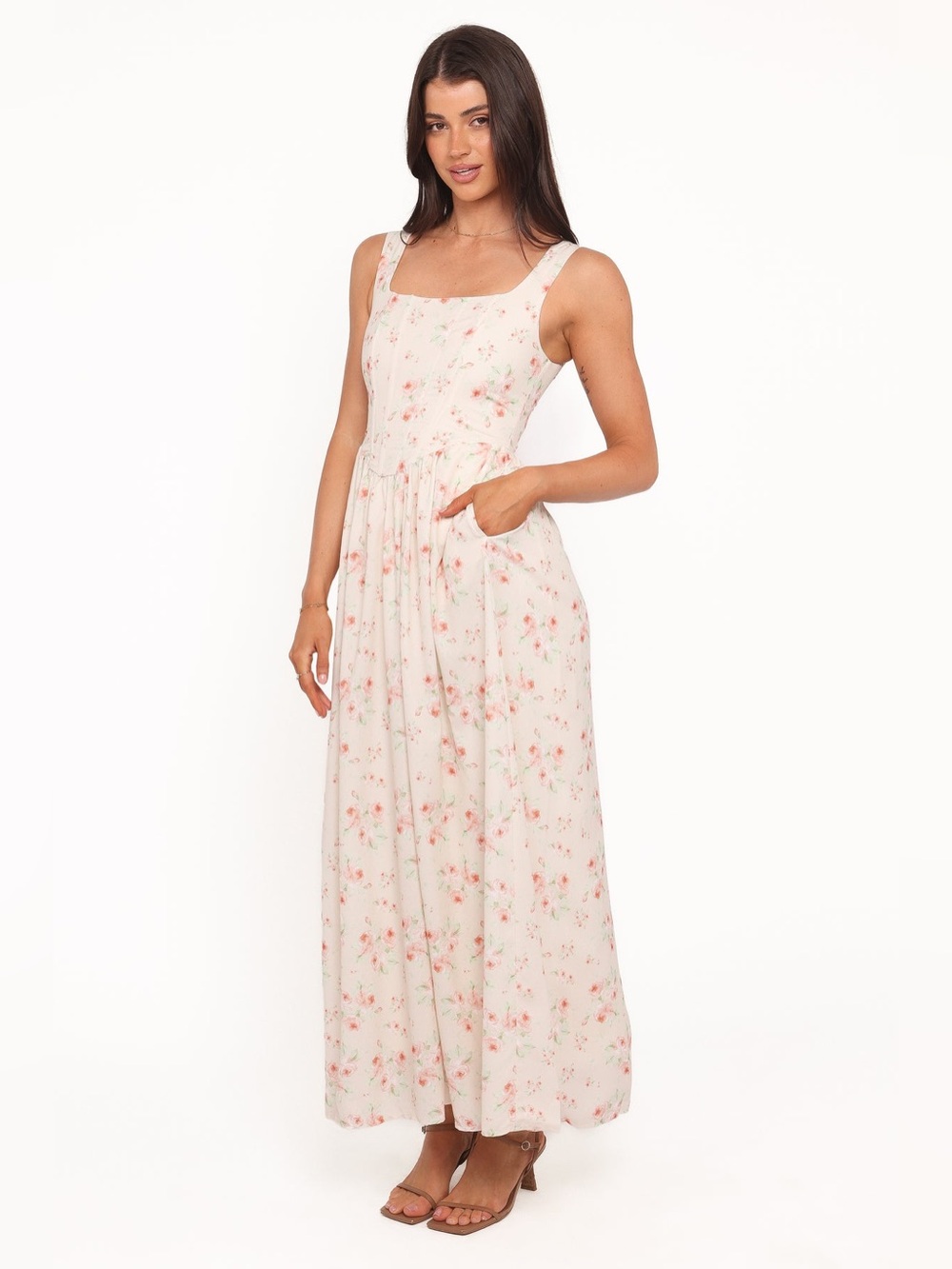 Petal & Pup Vespa Corset Midi Dress Peach Floral Cottagecore Garden Party US 14